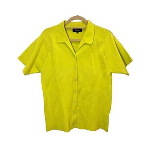 Hanifa Button Up Blouse Women’s L Lime‎ Green Knit Heavyweight Short Sleeve